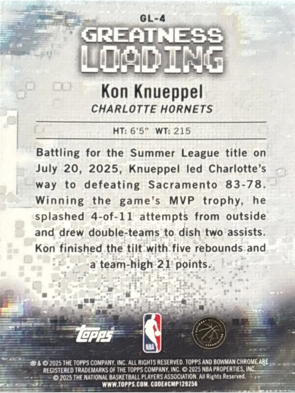 Topps Chrome Charlotte Hornets Kon Knueppel Rookie Basketball Trading Card